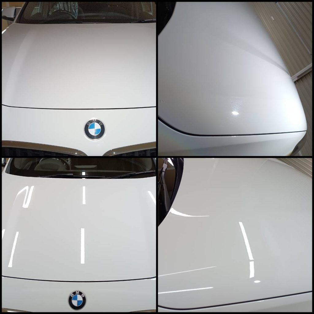 BMW X2磨き、コーティング施工前後のボンネットの写真